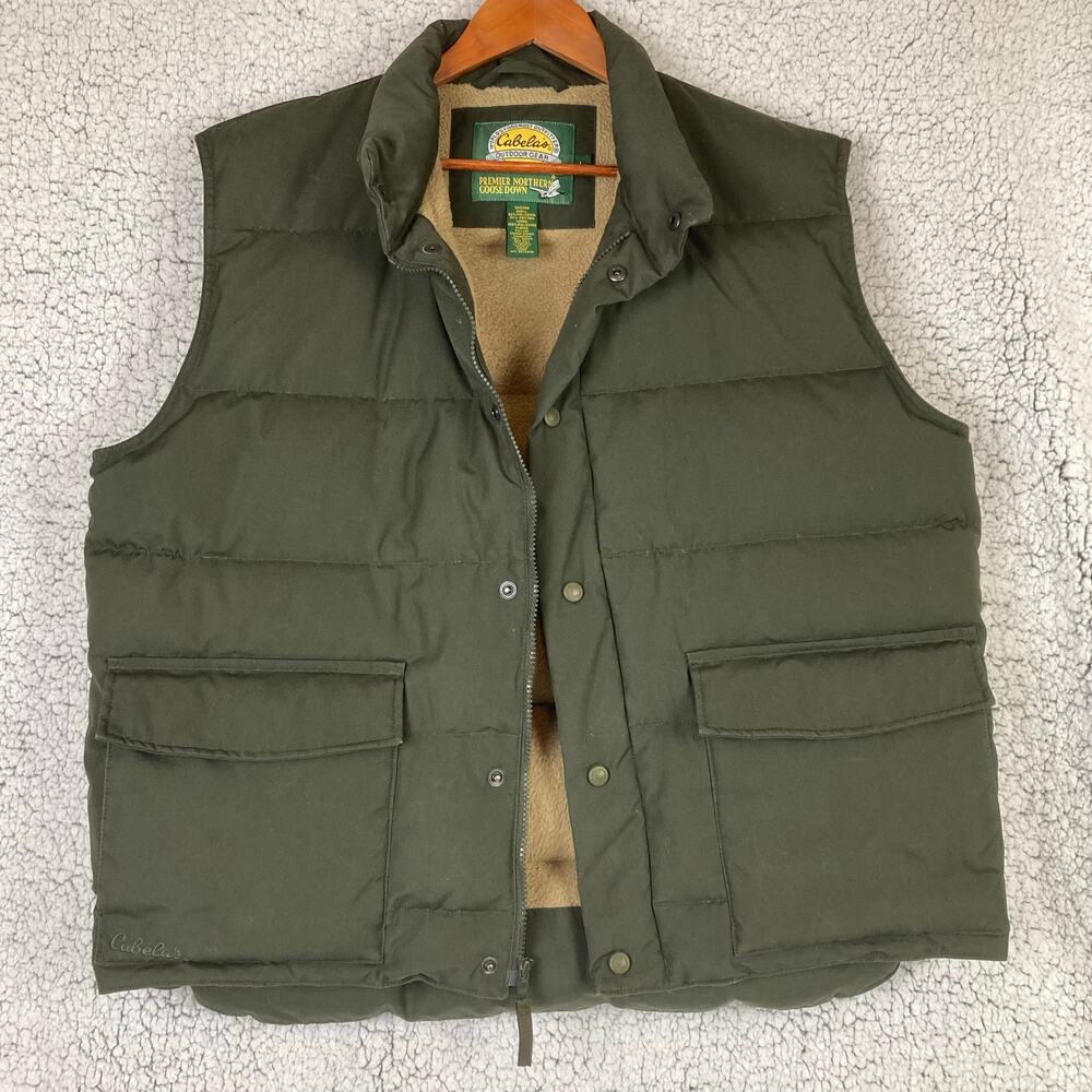 Cabelas Premier Northern Goose Down Puffer Vest Men L Green Tan Thick Loft Lined